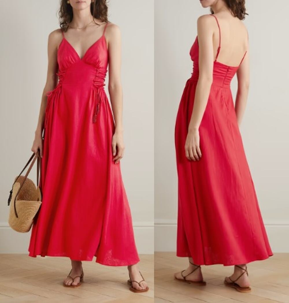 Farm Rio Linen-Blend Lace Up Midi Dress Fit & Flare Corset Glam Red Size Small